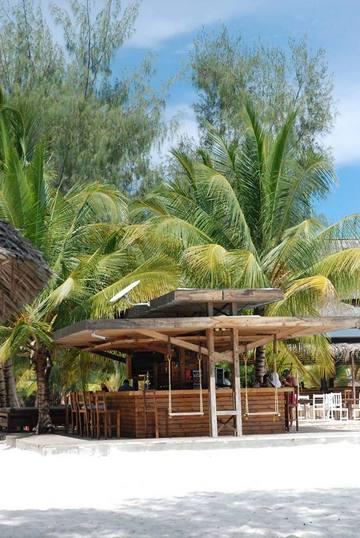 Et smukt billede af en strandbar med gynger og palmer i baggrunden på en rejse