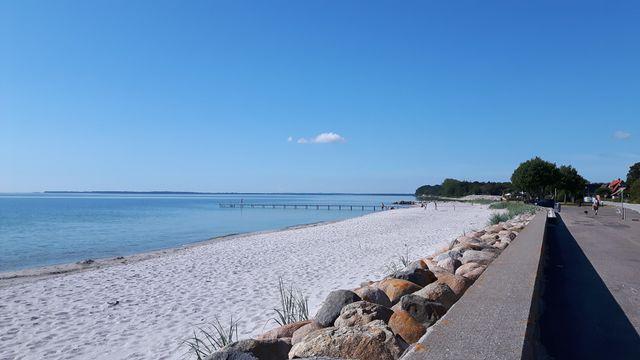 En hvid sandstrand med blå skyfri himmel