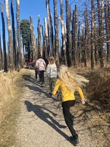 Fire børn der løber på stribe i en skov