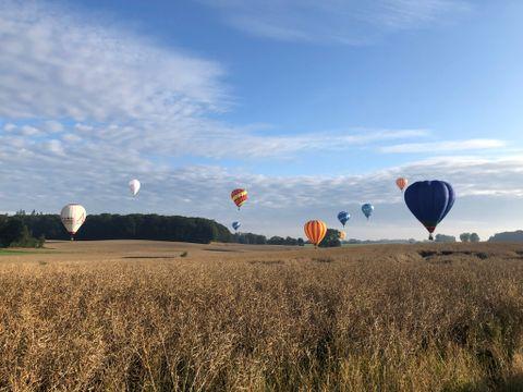 Udsigt over en mark, hvor en masse farverige luftballoner stiger til vejrs