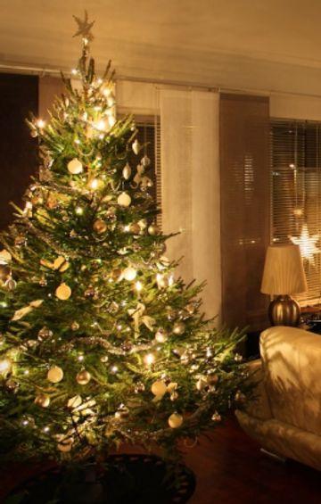 Et flot pyntet juletræ i guldfarver midt i stuen 